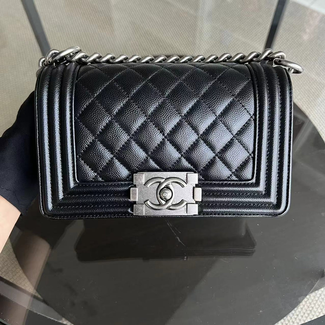 Caviar Boy Small 20CM Quilted Grained Calfskin Black Ruthenium Silver Hardware Series 27