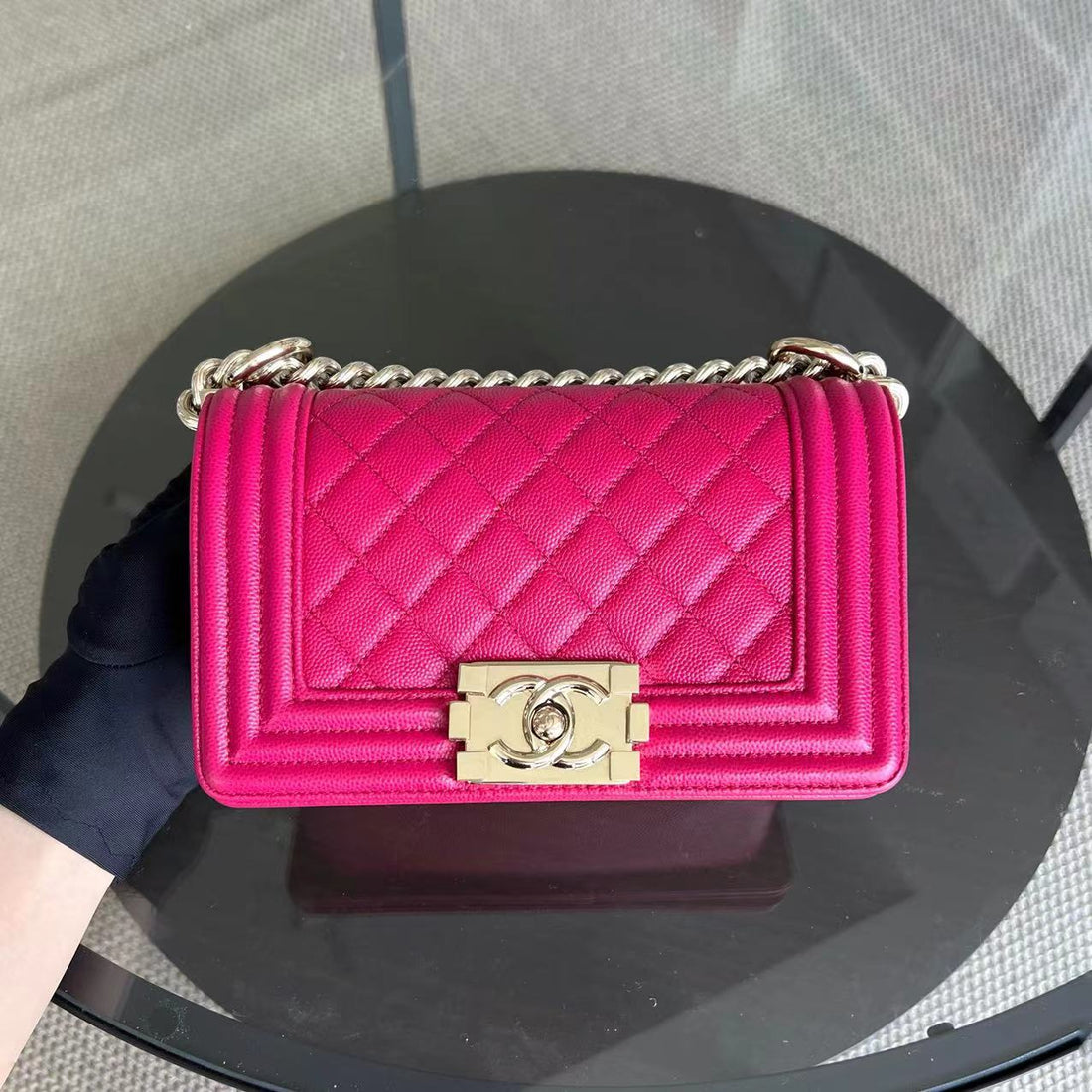 Caviar Boy Small 20CM Quilted Grained Calfskin Hot Pink Leboy Golden Hardware Series 23