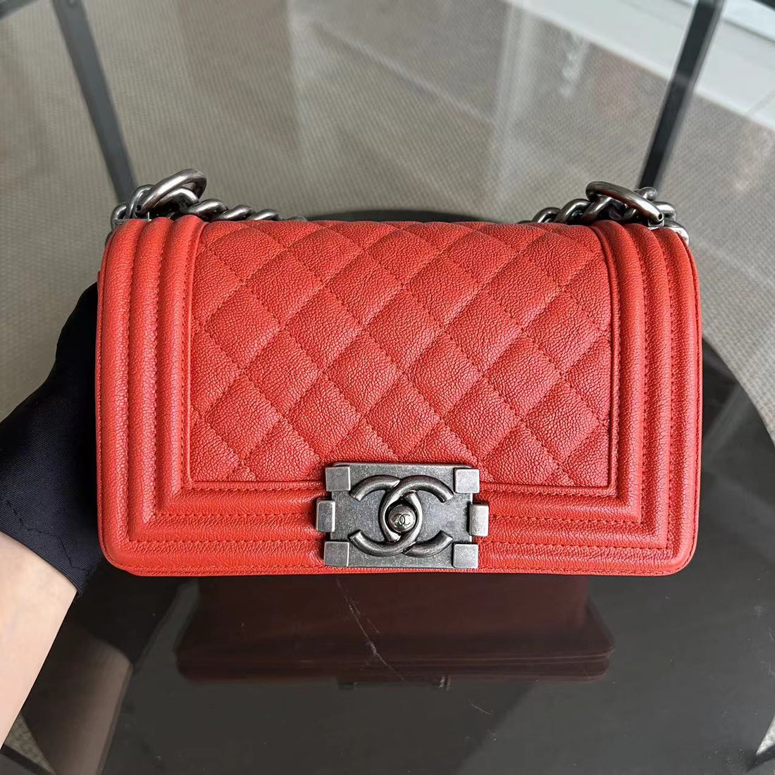 Caviar Boy Small 20CM Quilted Grained Calfskin Orange Ruthenium Silver Hardware Series 26