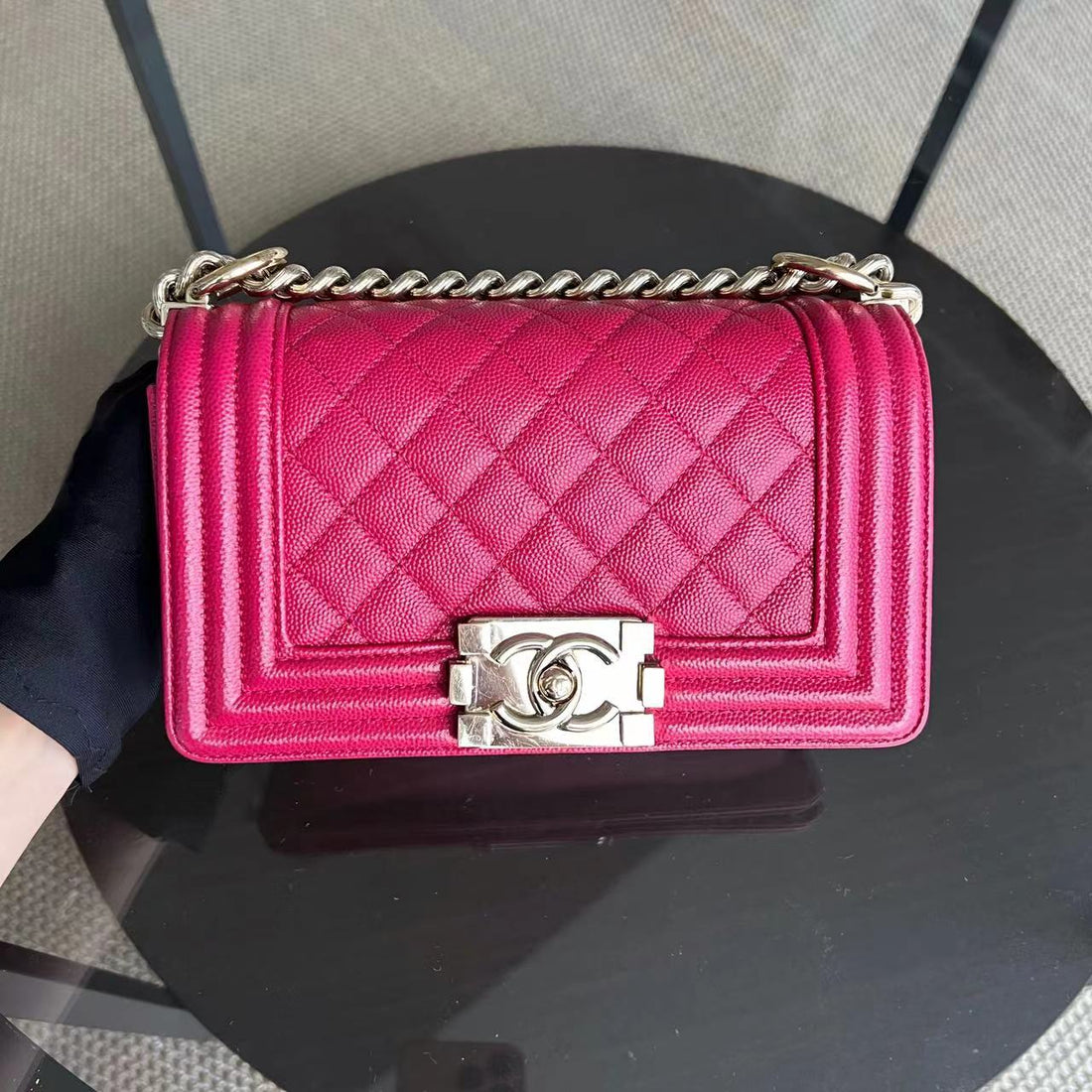 Caviar Boy Small Quilted Grained Calfskin Hot Pink Golden Hardware