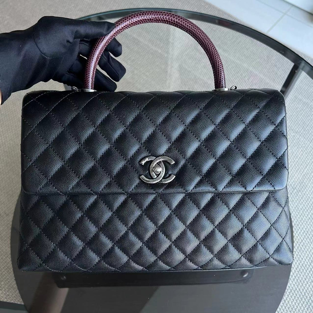 Caviar Coco Handle Large Quilted Grained Calfskin Black Silver Hardware Series 23