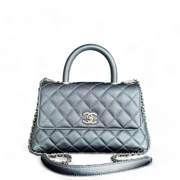 Chanel Caviar Coco Handle Small Grained Calfskin Metallic Silver Golden Hardware Series 28