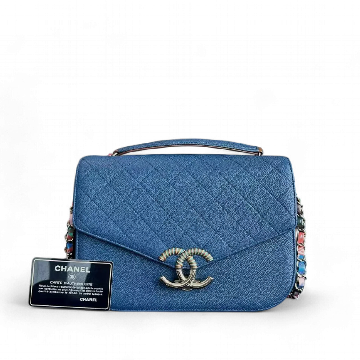 Chane Coco Curve Cuba - Medium Caviar Quilted Grained Calfskin Blue Cross Body Golden Hardware Series 23