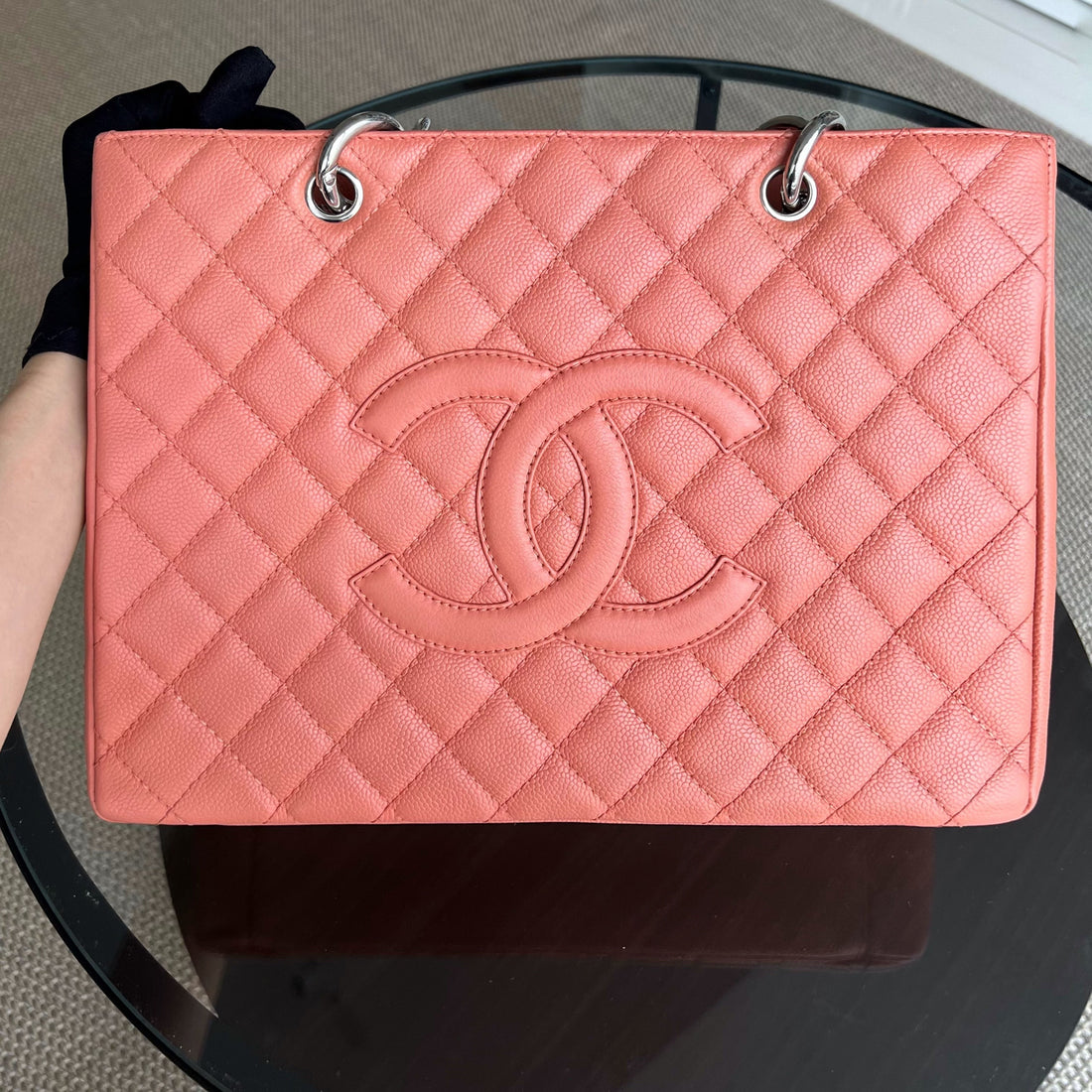 Caviar GST Grand Shopping Tote Quilted Grained Calfskin Coral Pink Silver Hardware Series 12