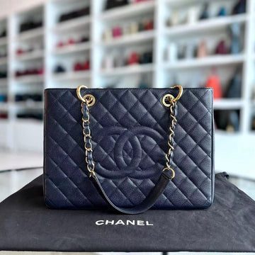 Caviar GST Grand Shopping Tote Quilted Grained Calfskin Dark Blue Golden Hardware Series 18