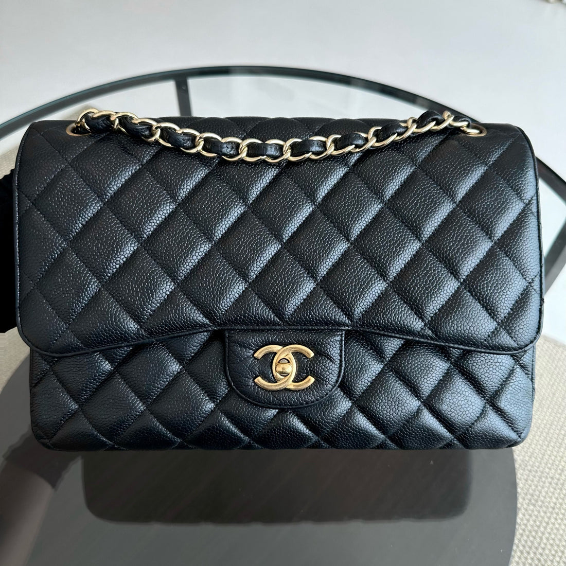 Caviar Jumbo Classic Flap Double Flap Quilted Calfskin Black GHW No 18