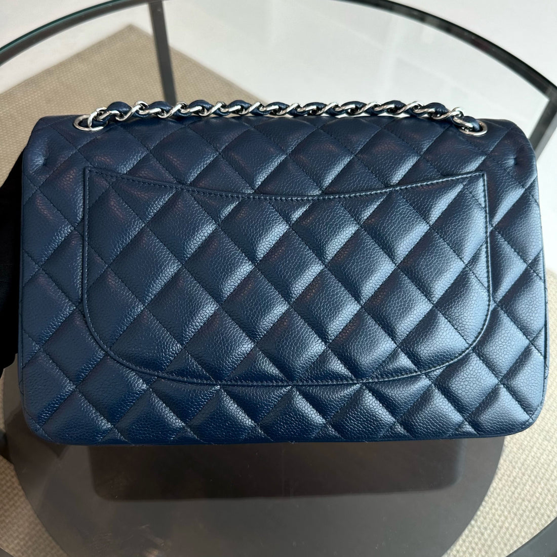 Caviar Jumbo Classic Flap Quilted Calfskin Dark Blue SHW No 15
