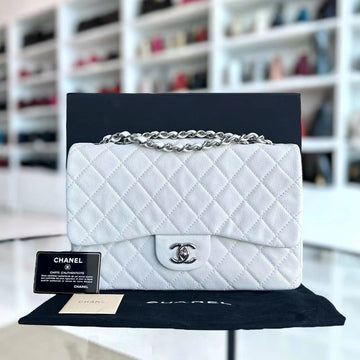 Caviar Jumbo Classic Flap Quilted Calfskin White Silver Hardware Series 12