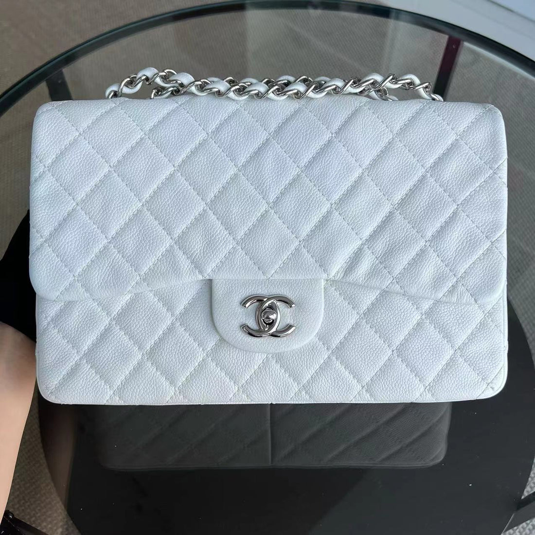 Caviar Jumbo Classic Flap Quilted Calfskin White Silver Hardware Series 12