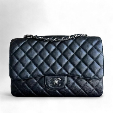 Caviar Jumbo Classic Flap Quilted Grained Calfskin Black Silver Hardware Series 12