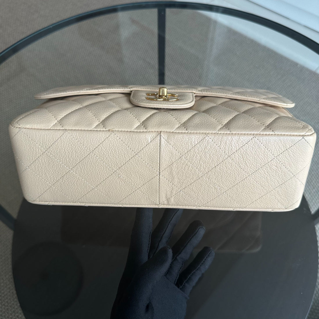 Caviar Jumbo Classic Flap Single Flap Beige Quilted Calfskin GHW No 13