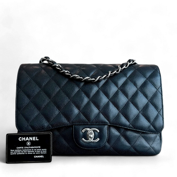 Caviar Jumbo Classic Flap Single Flap Quilted Calfskin Black SHW No 13