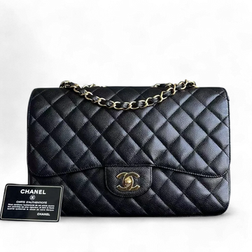Caviar Jumbo Classic Flap Single Flap Quilted Grained Calfskin Black Golden Hardware Series 13