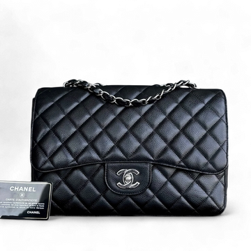 Chanel Caviar Jumbo Classic Flap Single Flap Quilted Grained Calfskin Black Silver Hardware Series 13