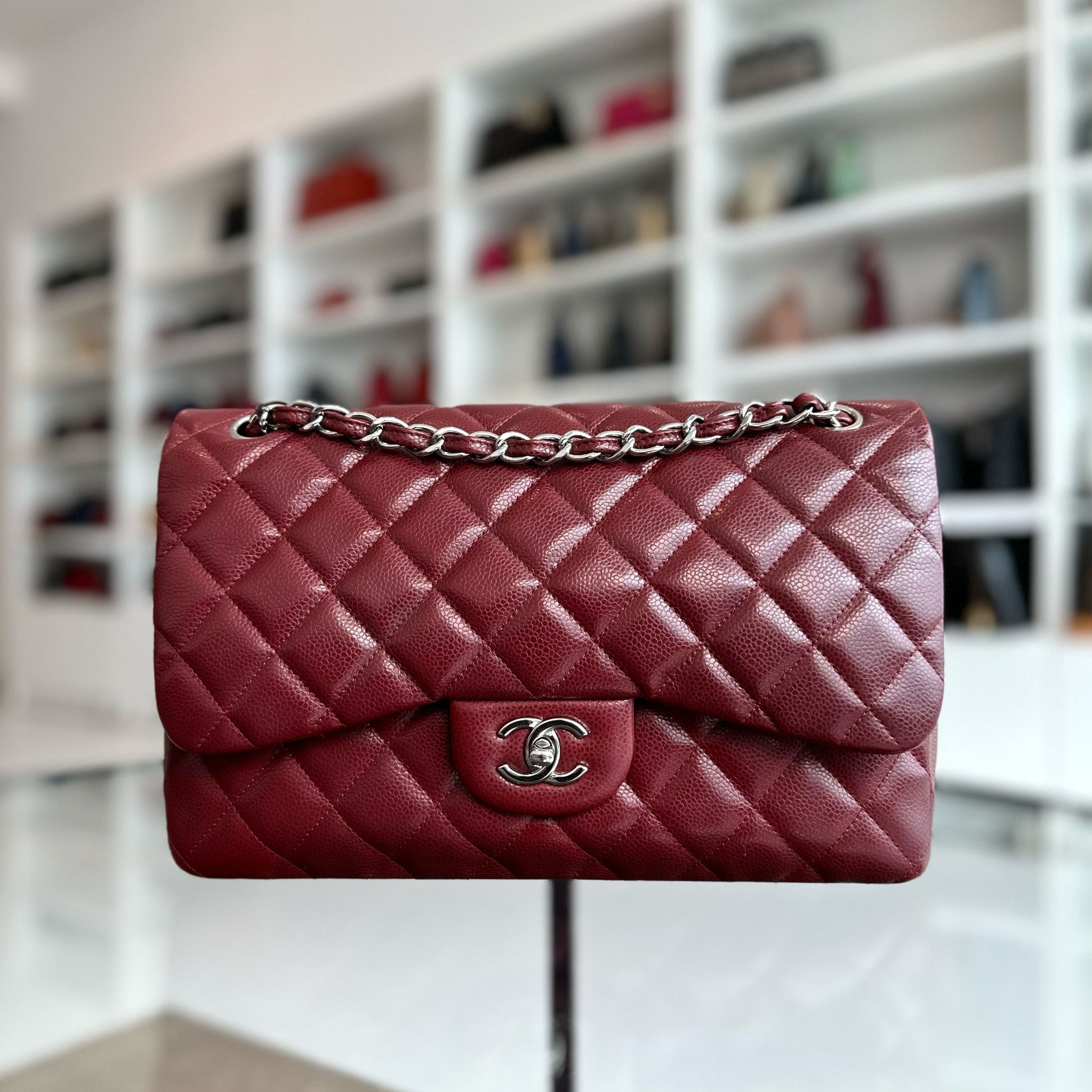 Caviar Jumbo Double Flap Classic Flap 30CM Cross Body Burgundy SHW No 14