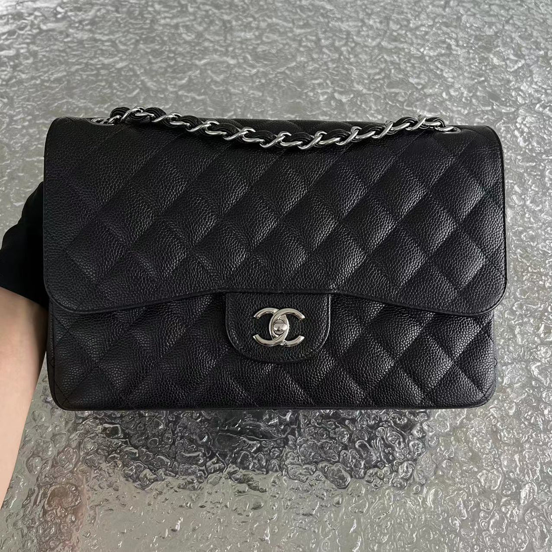Caviar Jumbo Double Flap Classic Flap Quilted Calfskin Black Silver Hardware Series 19