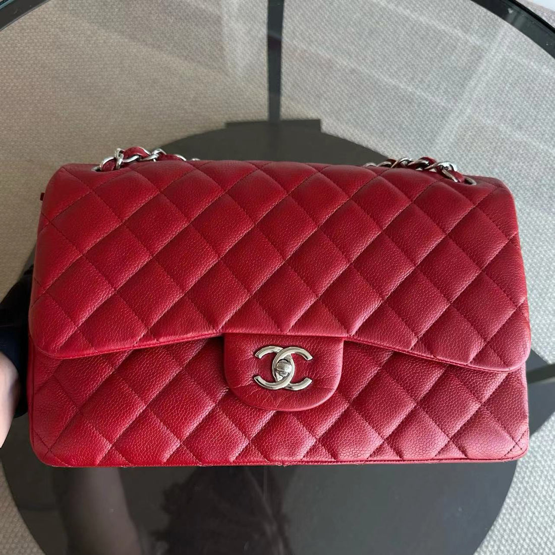 Caviar Jumbo Double Flap Classic Flap Quilted Calfskin Red SHW No 19