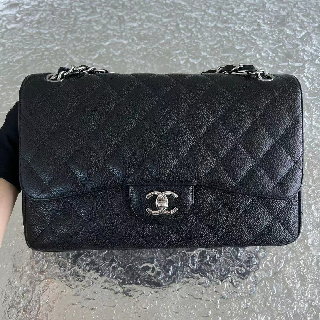 Caviar Jumbo Double Flap Classic Flap Quilted Grained Calfskin Black Silver Hardware Series 15