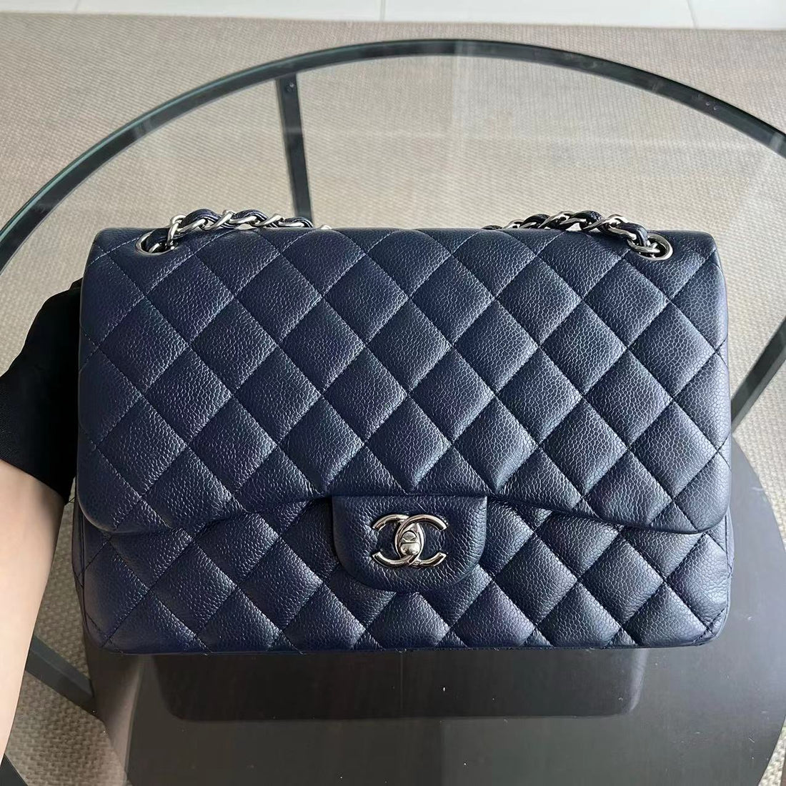 Caviar Jumbo Double Flap Classic Flap Quilted Grained Calfskin Dark Blue Silver Hardware Series 19
