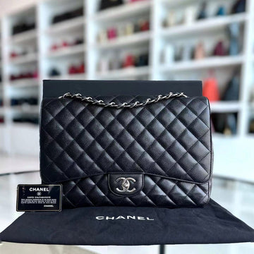 Caviar Maxi Double Flap Classic Flap 34CM Quilted Grained Calfskin Black Silver Hardware Series 14