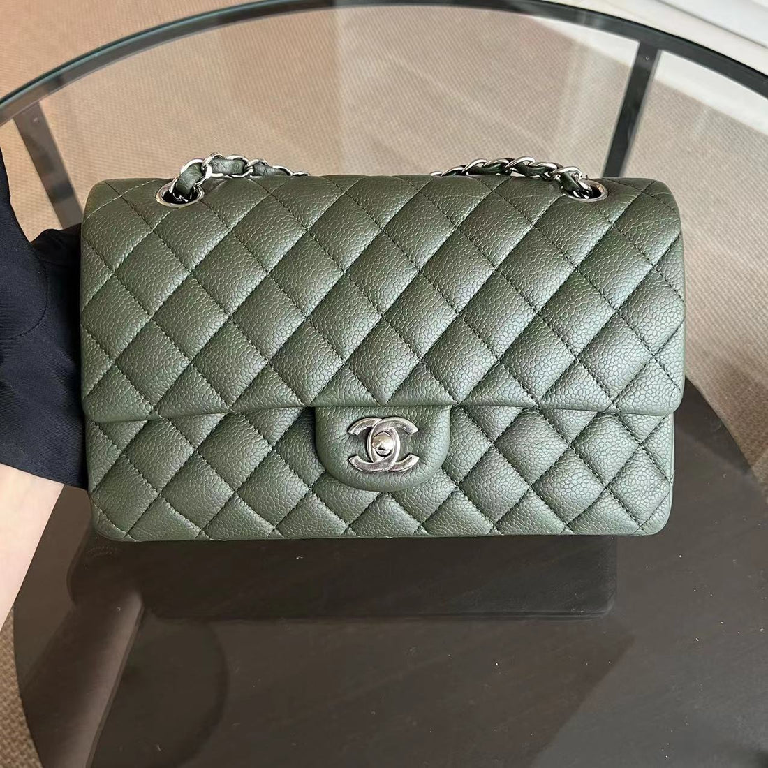 Caviar Double Flap 25CM Quilted Calfskin Green GHW No 14