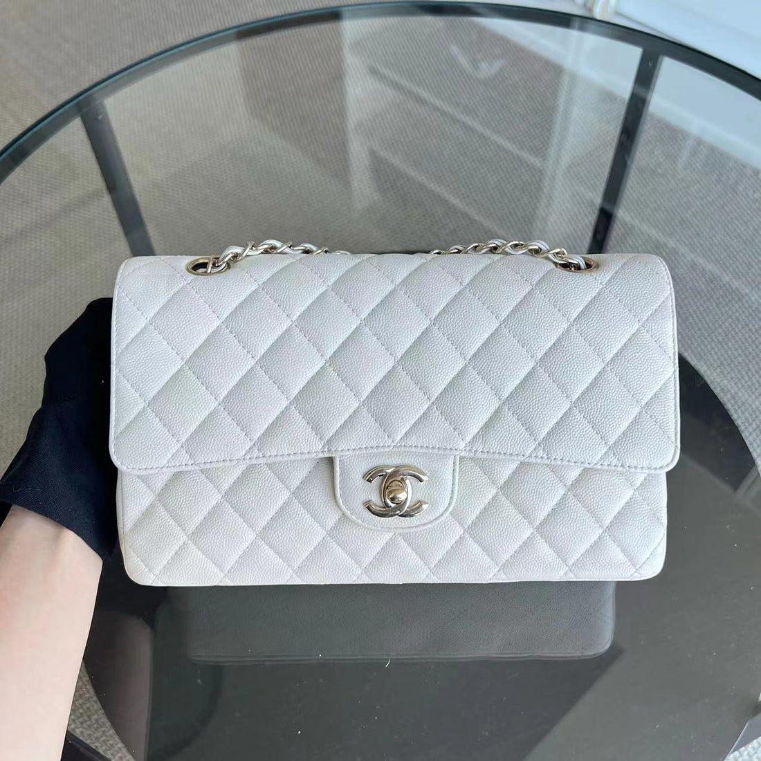 Caviar Double Flap 25CM Quilted Calfskin White GHW No 23