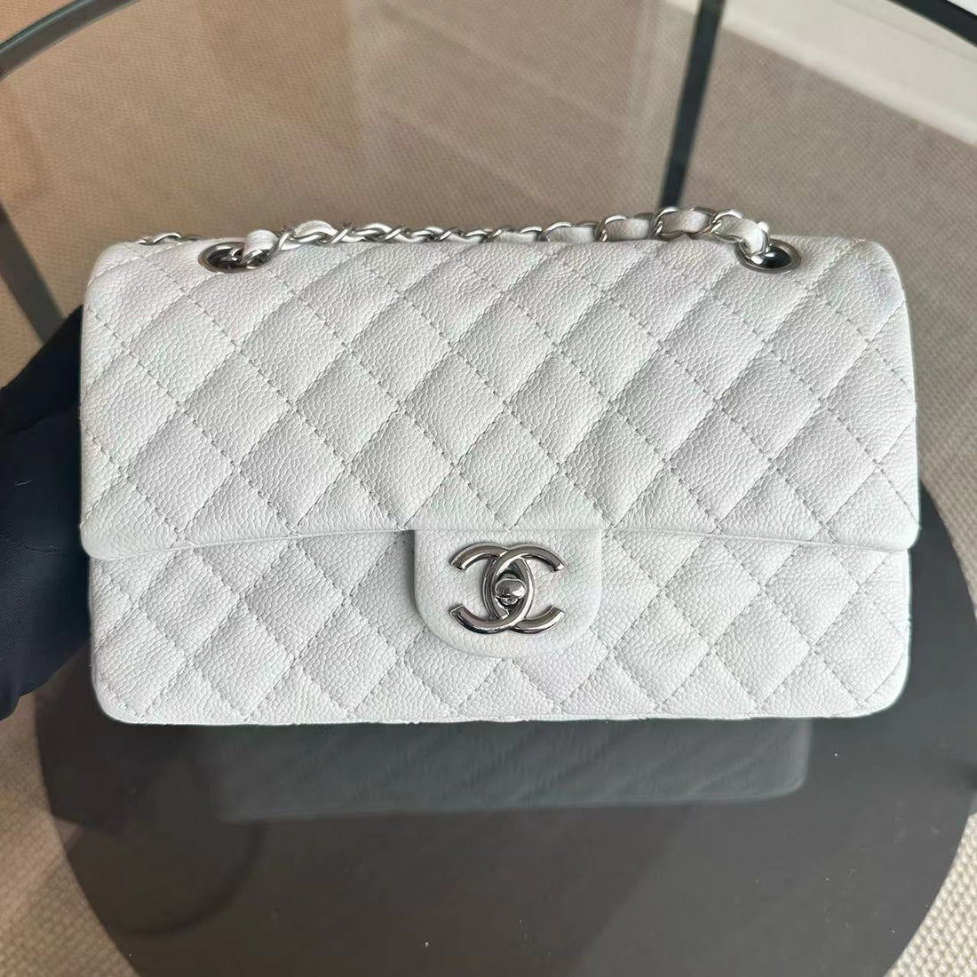 Caviar Double Flap 25CM Quilted Calfskin White SHW No 12