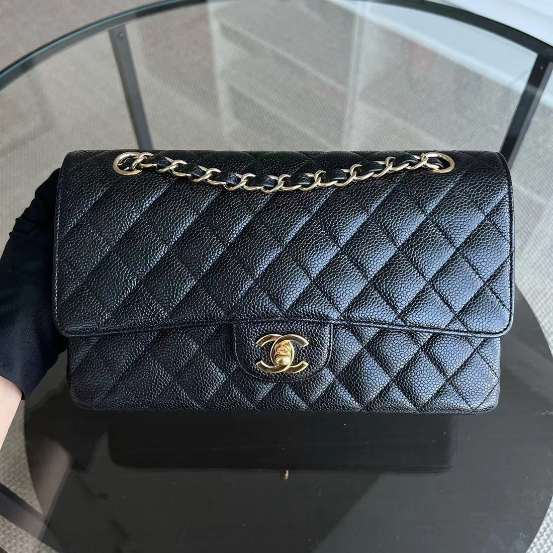 Caviar Double Flap Quilted Grained Calfskin Black Golden Hardware Series 13