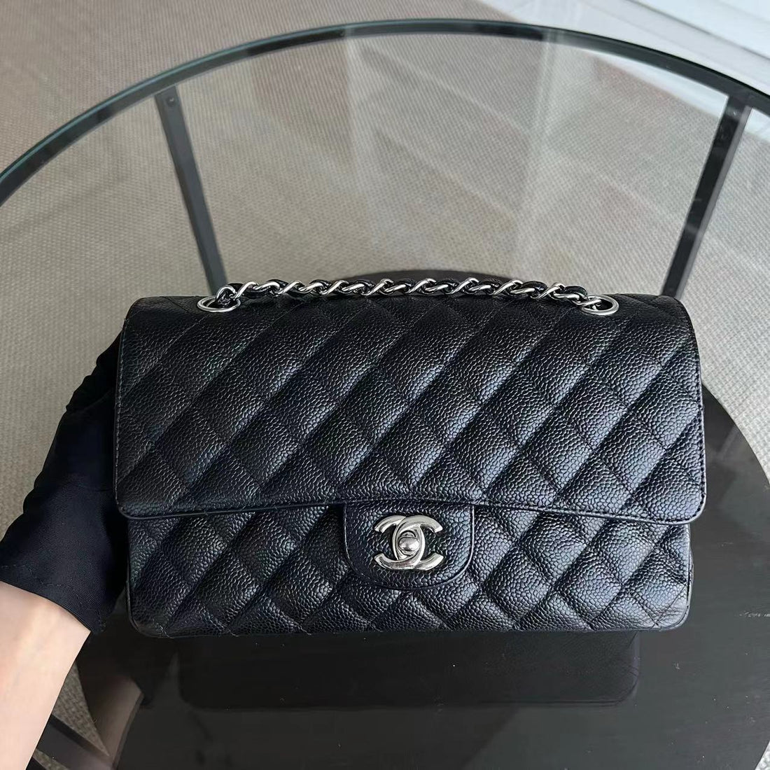 Caviar Double Flap Quilted Grained Calfskin Black Silver Hardware Series 13