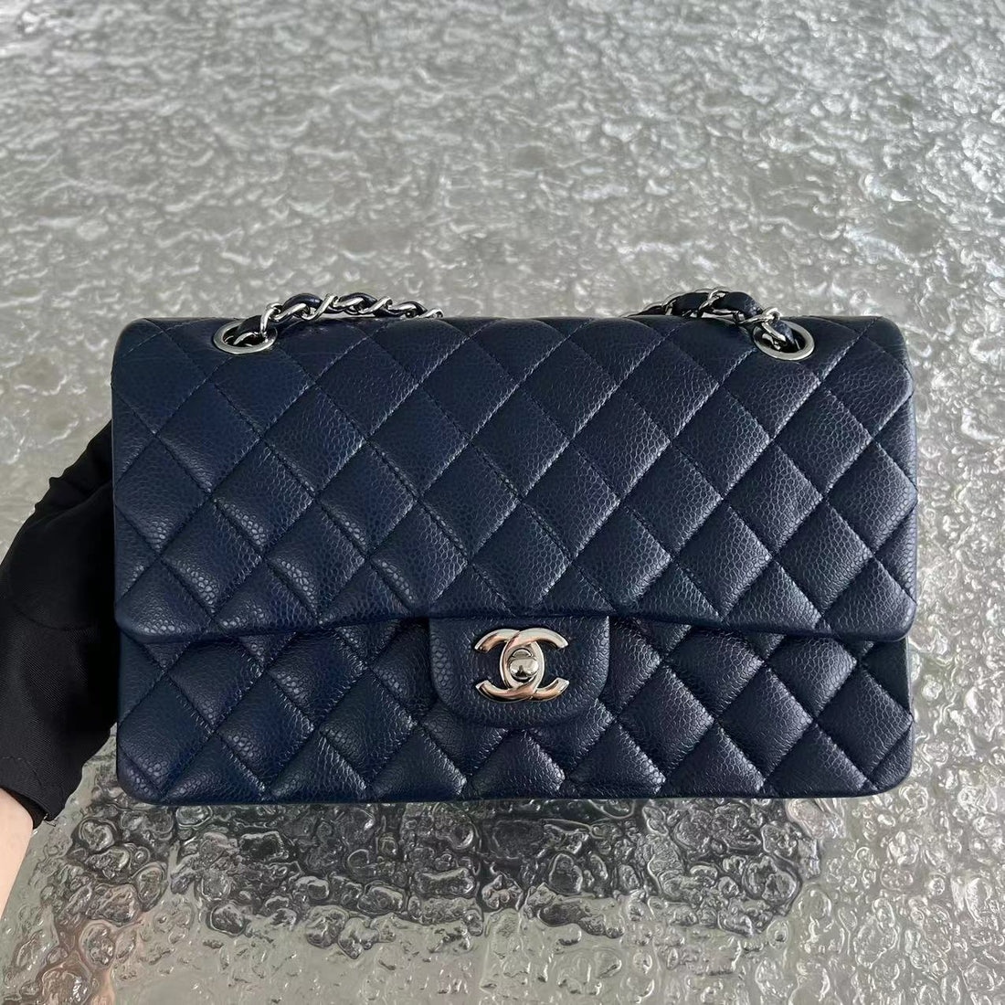 Caviar Quilted Grained Calfskin Dark Blue Silver Hardware Series 15