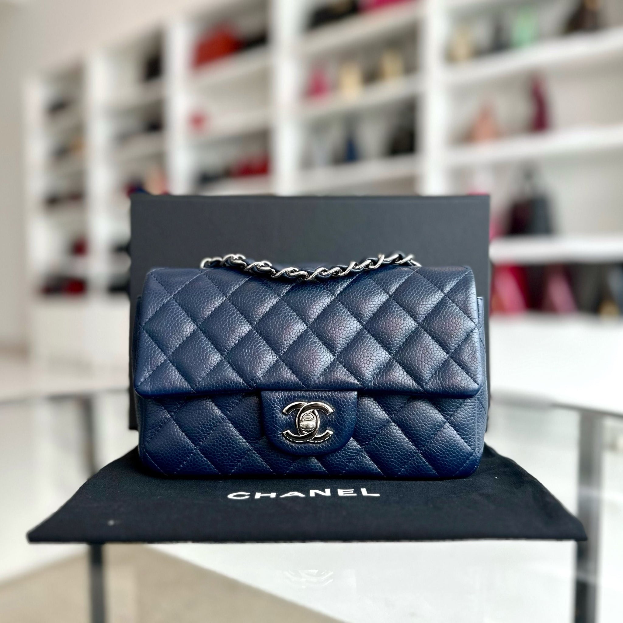 Caviar Mini Rectangular Classic Flap Mini Dark Blue No 18