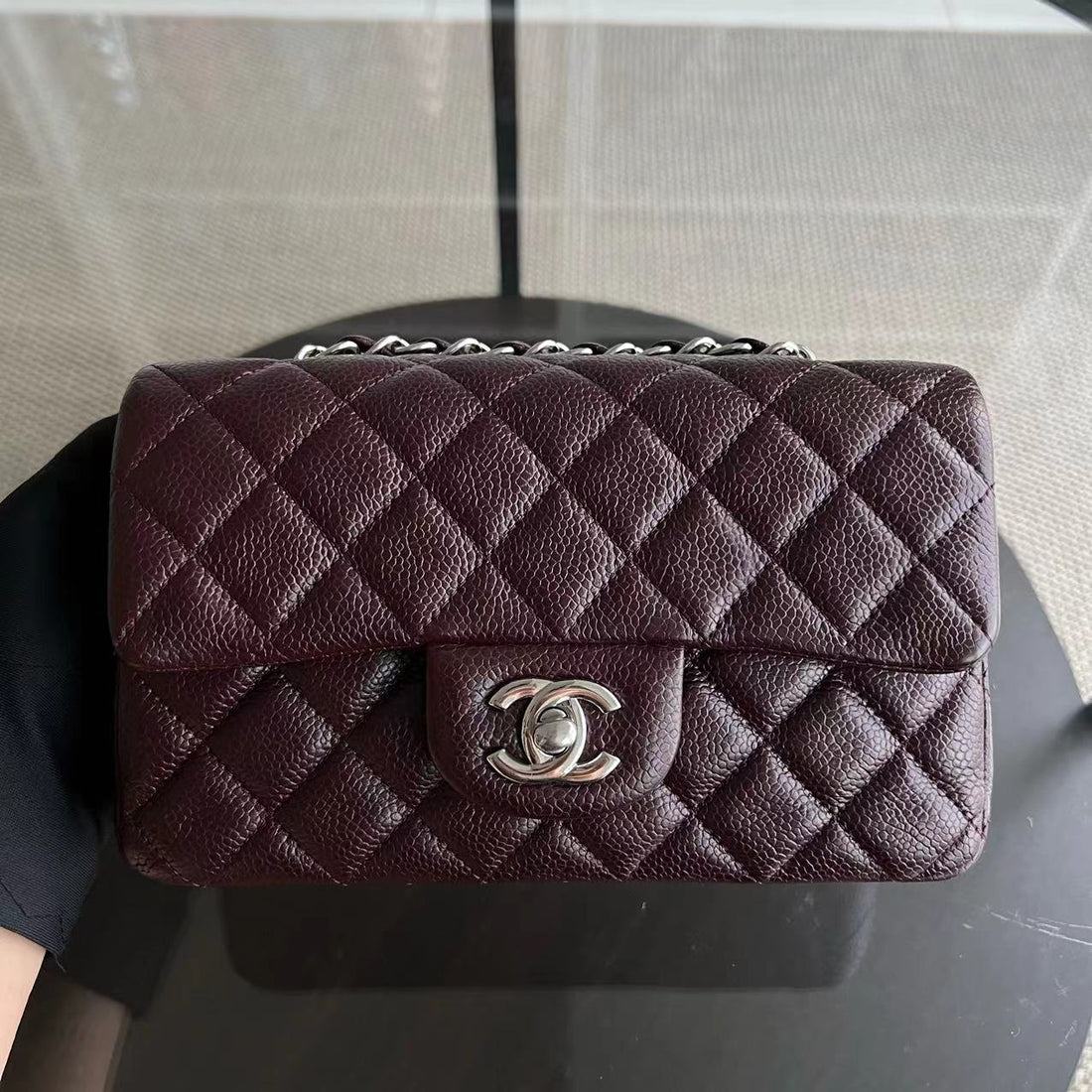 Caviar Mini Rectangular Classic Flap Quilted Grained Calfskin Burgundy Silver Hardware Series 20