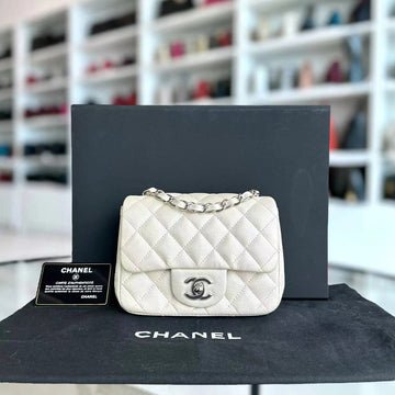 Caviar Mini Square Classic Flap 17CM Quilted Calfskin Pearl White SHW No 20
