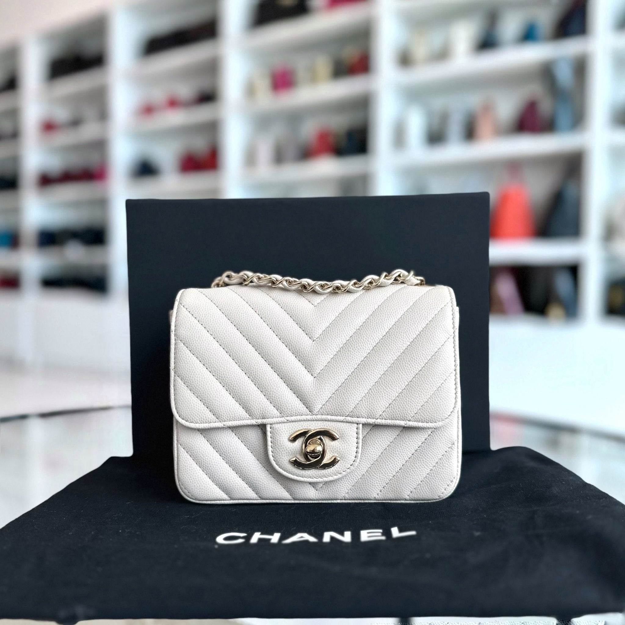 Caviar Mini Square Classic Flap Chevron White GHW No 26