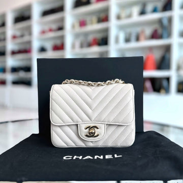 Caviar Mini Square Classic Flap Chevron White GHW No 26