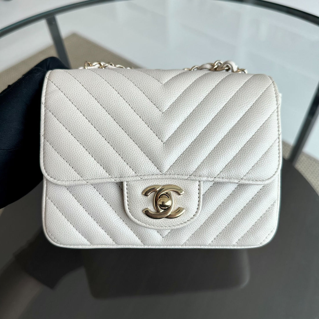Caviar Mini Square Classic Flap Chevron White GHW No 26