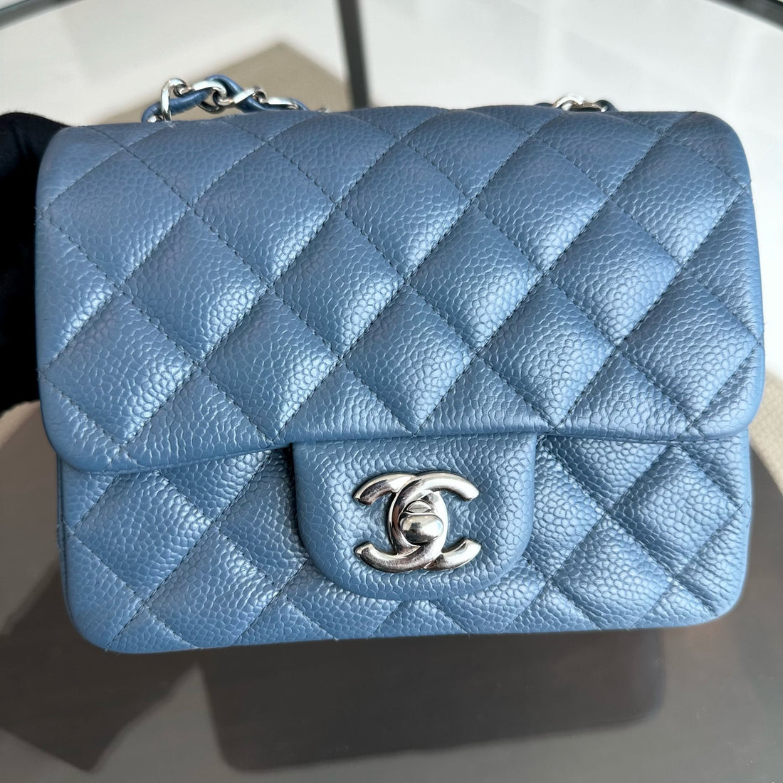Caviar Mini Square Classic Flap Quilted Calfskin Blue SHW No 19