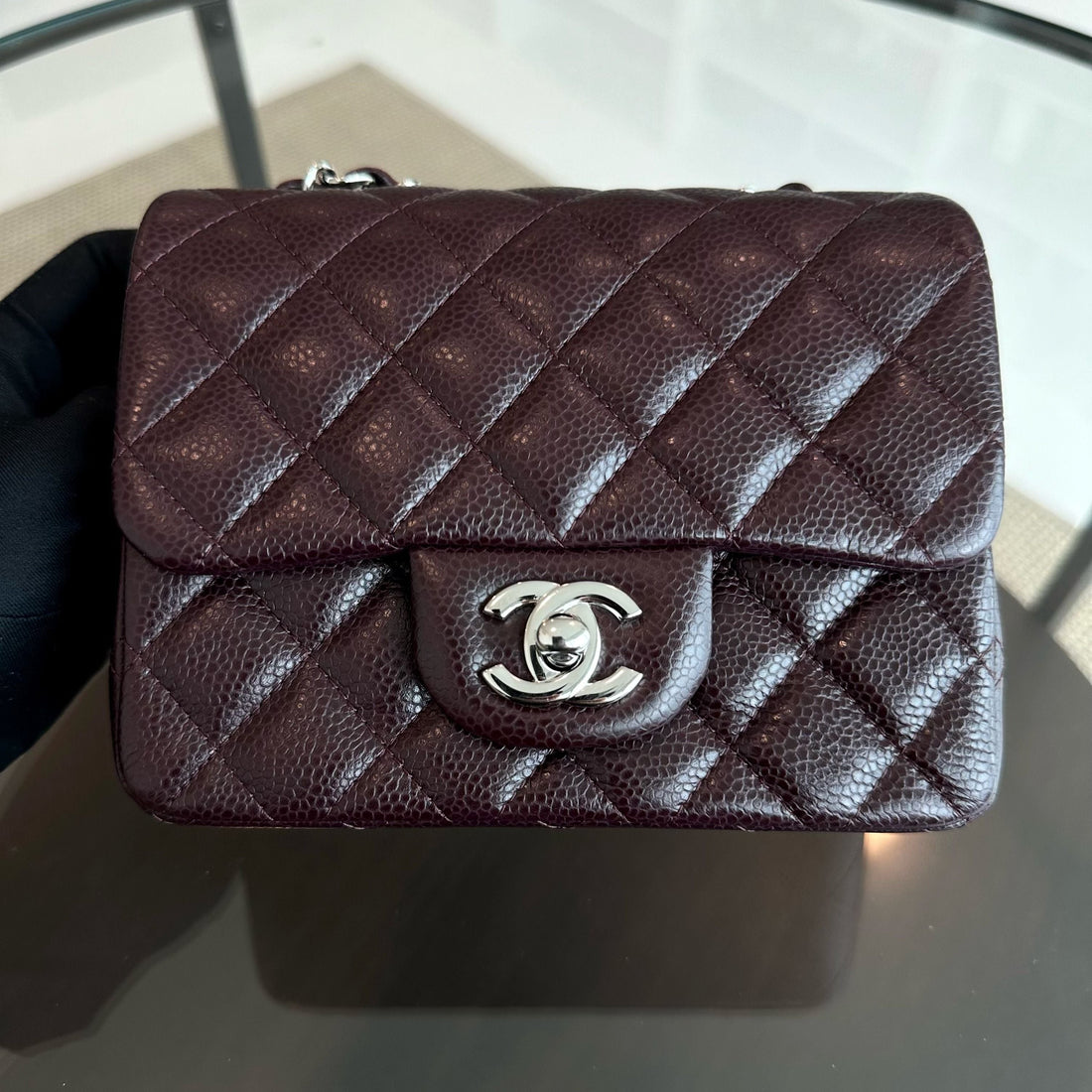Caviar Mini Square Classic Flap Quilted Calfskin Burgundy SHW No 20