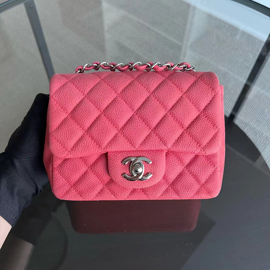 Caviar Mini Square Classic Flap Quilted Calfskin Pink SHW No 17