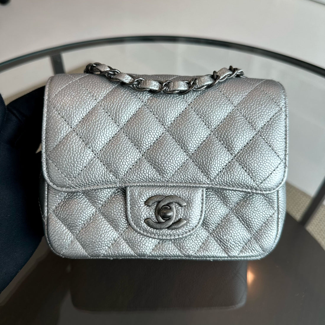 Caviar Mini Square Quilted Grained Calfskin Silver RSHW No 24