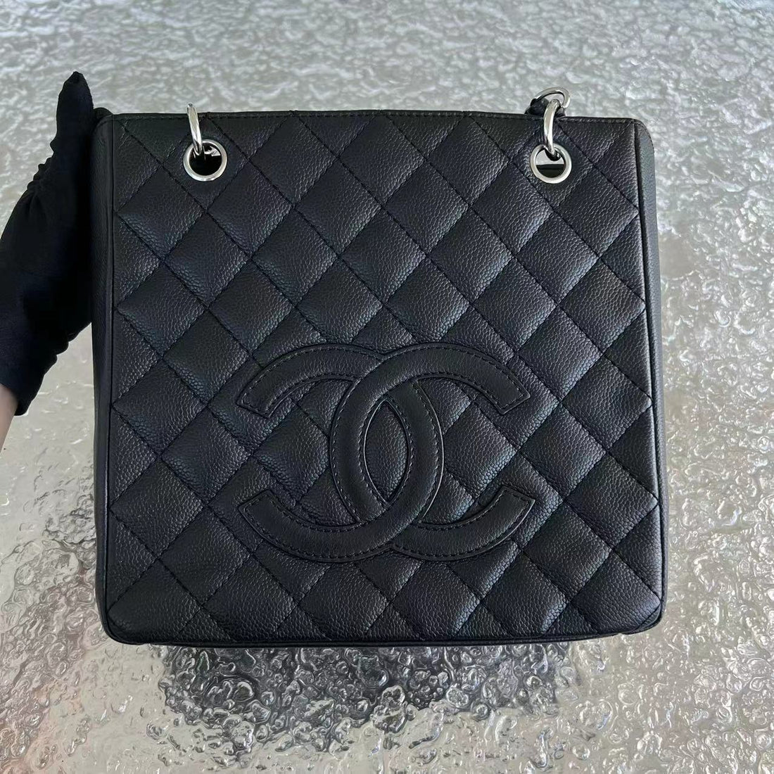 Caviar PST Petite Shopping Tote Quilted Calfskin Black Silver Hardware Series 12