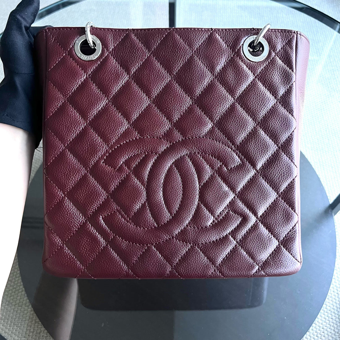 Caviar PST Petite Shopping Tote Quilted Grained Calfskin Burgundy Silver Hardware Series 18