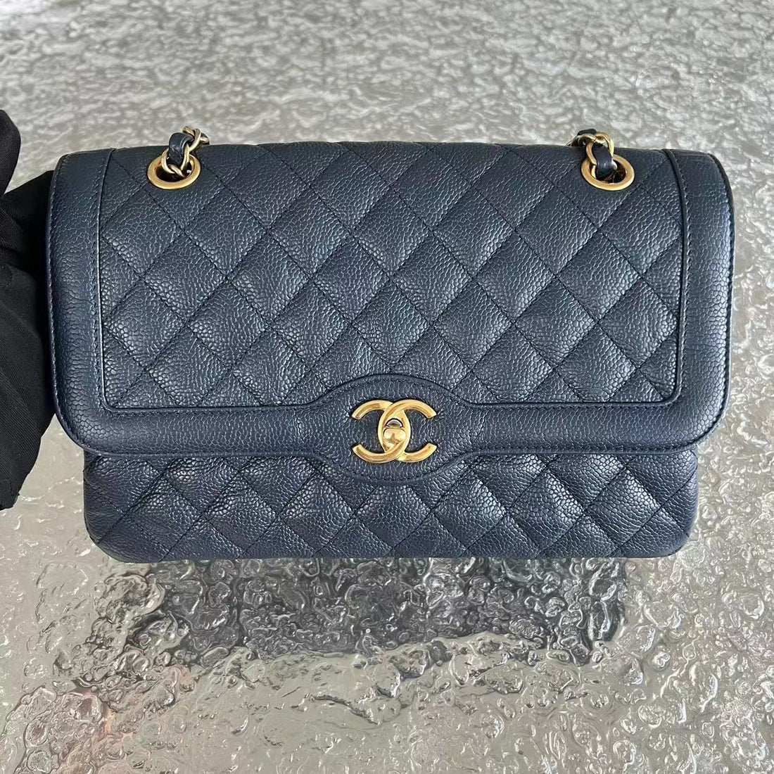 Caviar Single Flap Quilted Calfskin Navy Blue Golden Hardware Series 21