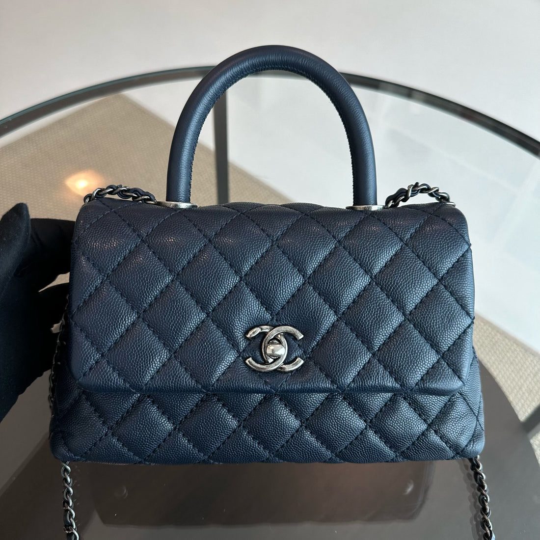 Caviar Small Coco Handle 24cm Quilted Calfskin Dark Navy Blue No 22