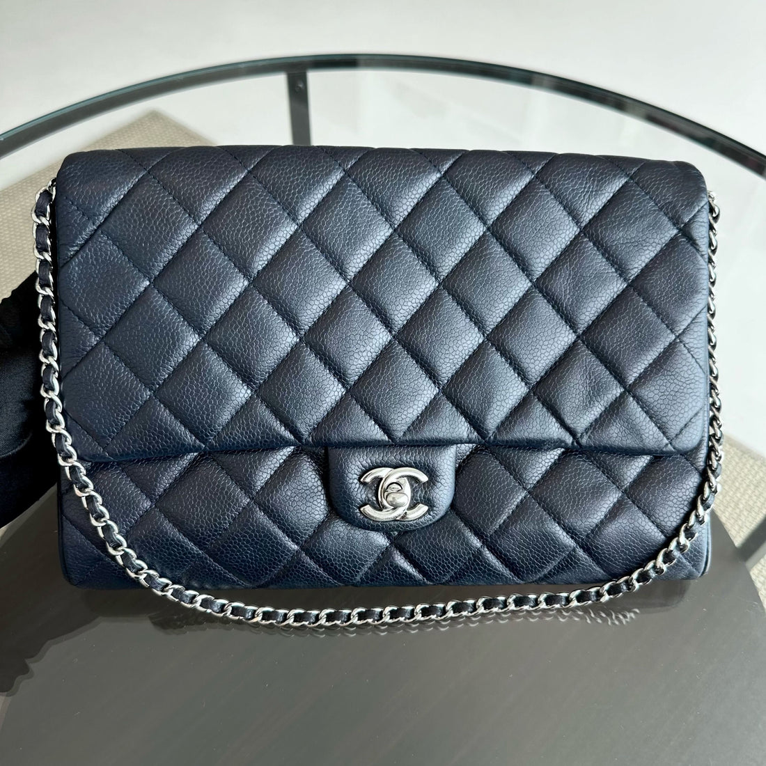 Caviar Timeless Classic Flap Clutch Calfskin Leather Dark Blue SHW No 18