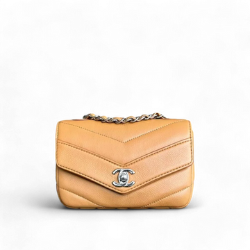 Chanel Mini Square Flap - Caviar V Stitch Chevron Seasonal Calfskin Light Brown SHW No 24