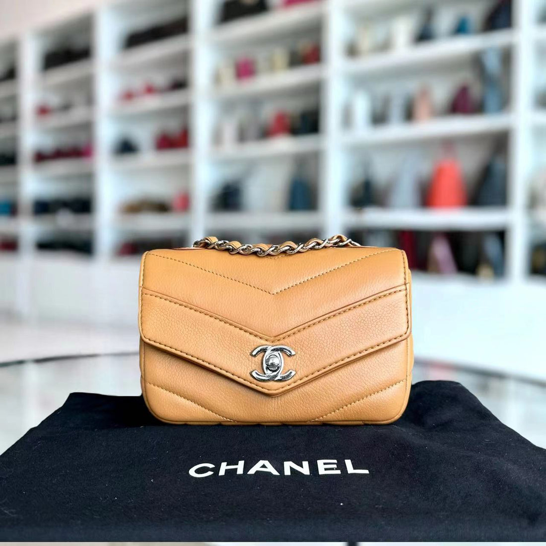Chanel Mini Square Flap - Caviar V Stitch Chevron Seasonal Calfskin Light Brown SHW No 24
