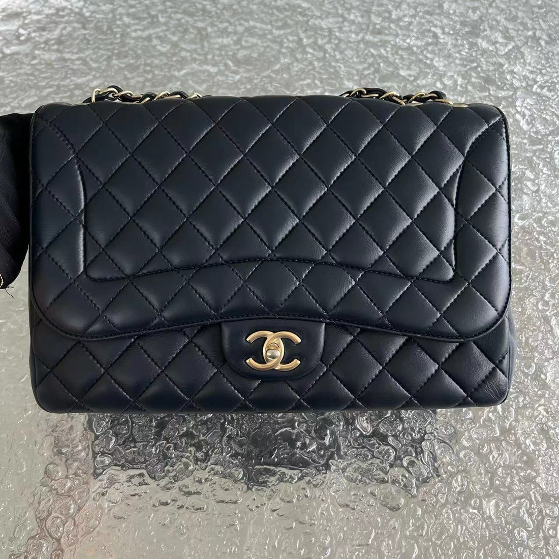 Chic Flap Jumbo Quilted Calfskin Dark Blue Golden Hardware Series 21