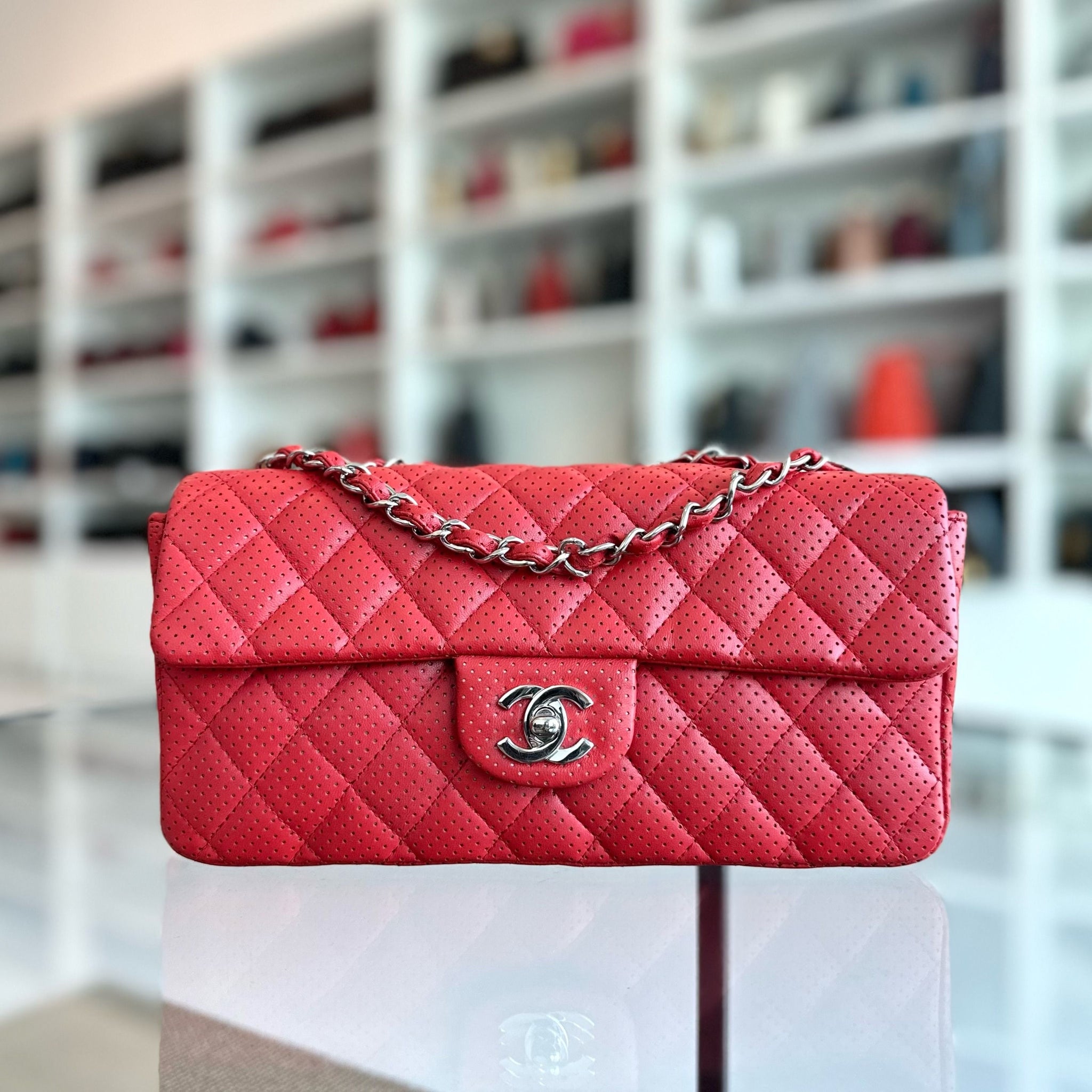 Classic Flap East West Lambskin Perforated Red SHW No 11