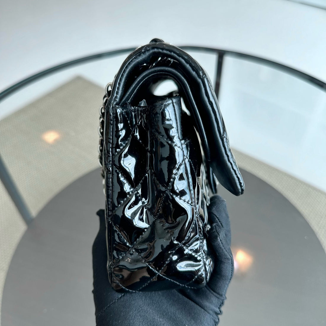 Classic Flap Medium Double Flap Patent Leather Quilted Black SHW